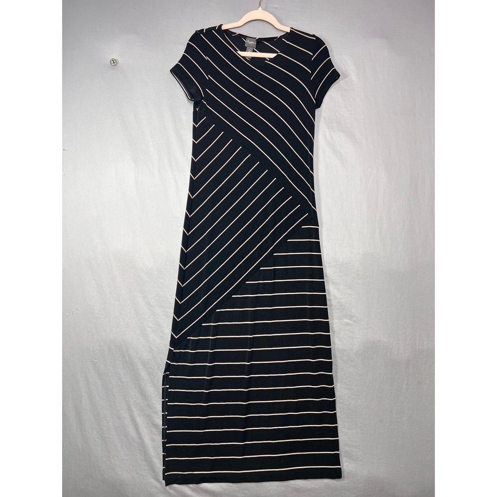 Chicos Travelers Vacay Ready Black Striped Maxi Dress w/ Side Slit Size 0 US 4/6